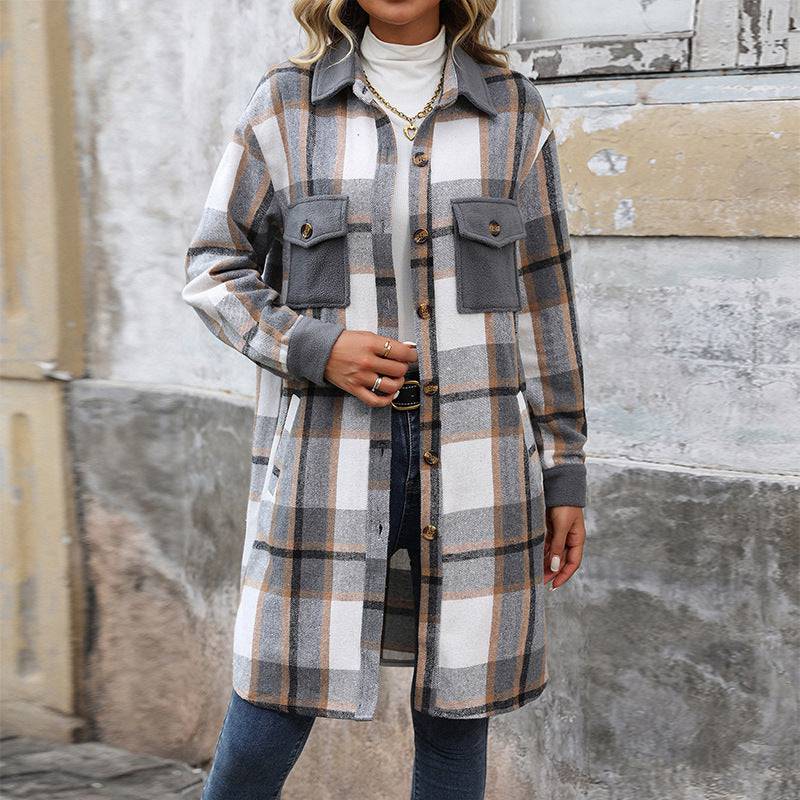 Nouveau manteau long à carreaux brossé avec poches veste d'hiver à la mode vêtements d'extérieur vêtements pour femmes