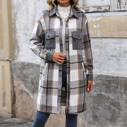New Brushed Plaid Long Coat With Pockets Fashion Winter Jacket Outwear Women's Clothing - ALL-IN-ONE GENSTORE & SERVICES
