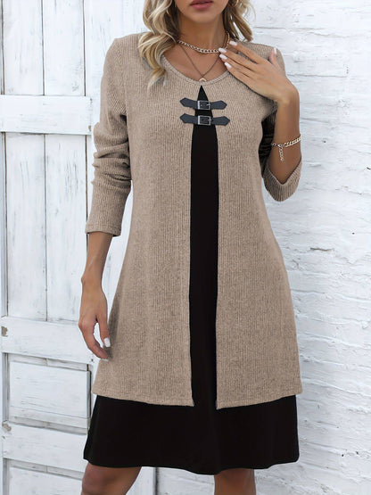 Contrast-color Sweater Dress With Buckle Design Fashion Round-neck Long-sleeved A-line Dresses Fall Wainter Women's Clothing - ALL-IN-ONE GENSTORE & SERVICES