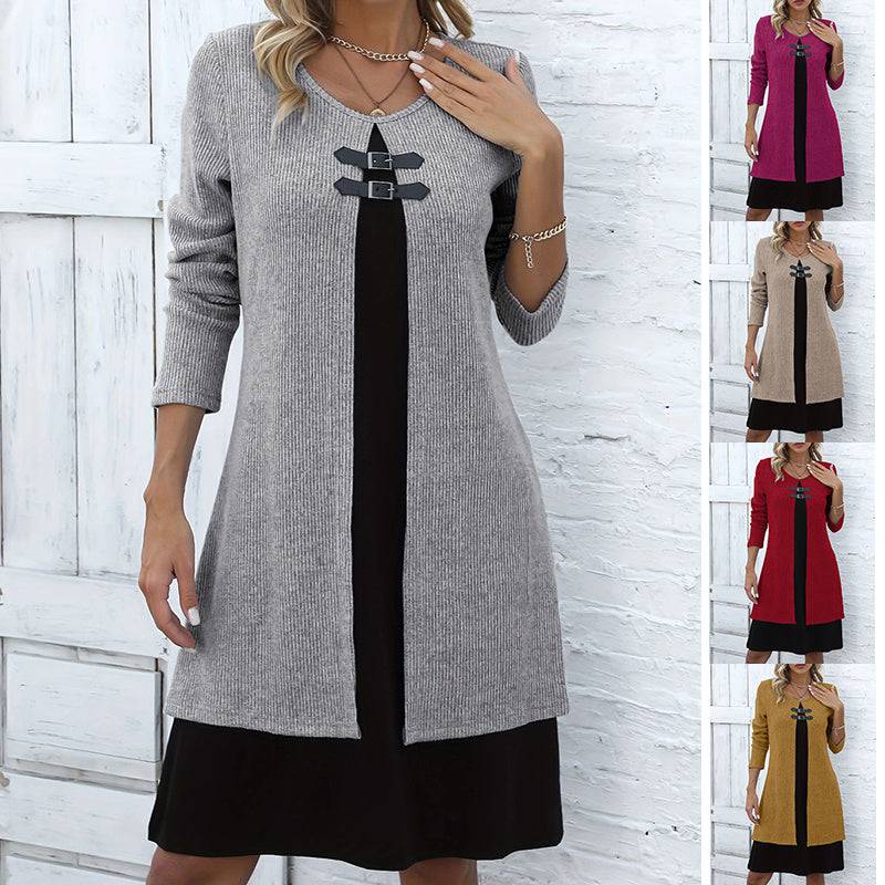 Contrast-color Sweater Dress With Buckle Design Fashion Round-neck Long-sleeved A-line Dresses Fall Wainter Women's Clothing - ALL-IN-ONE GENSTORE & SERVICES