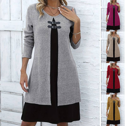 Contrast-color Sweater Dress With Buckle Design Fashion Round-neck Long-sleeved A-line Dresses Fall Wainter Women's Clothing - ALL-IN-ONE GENSTORE & SERVICES