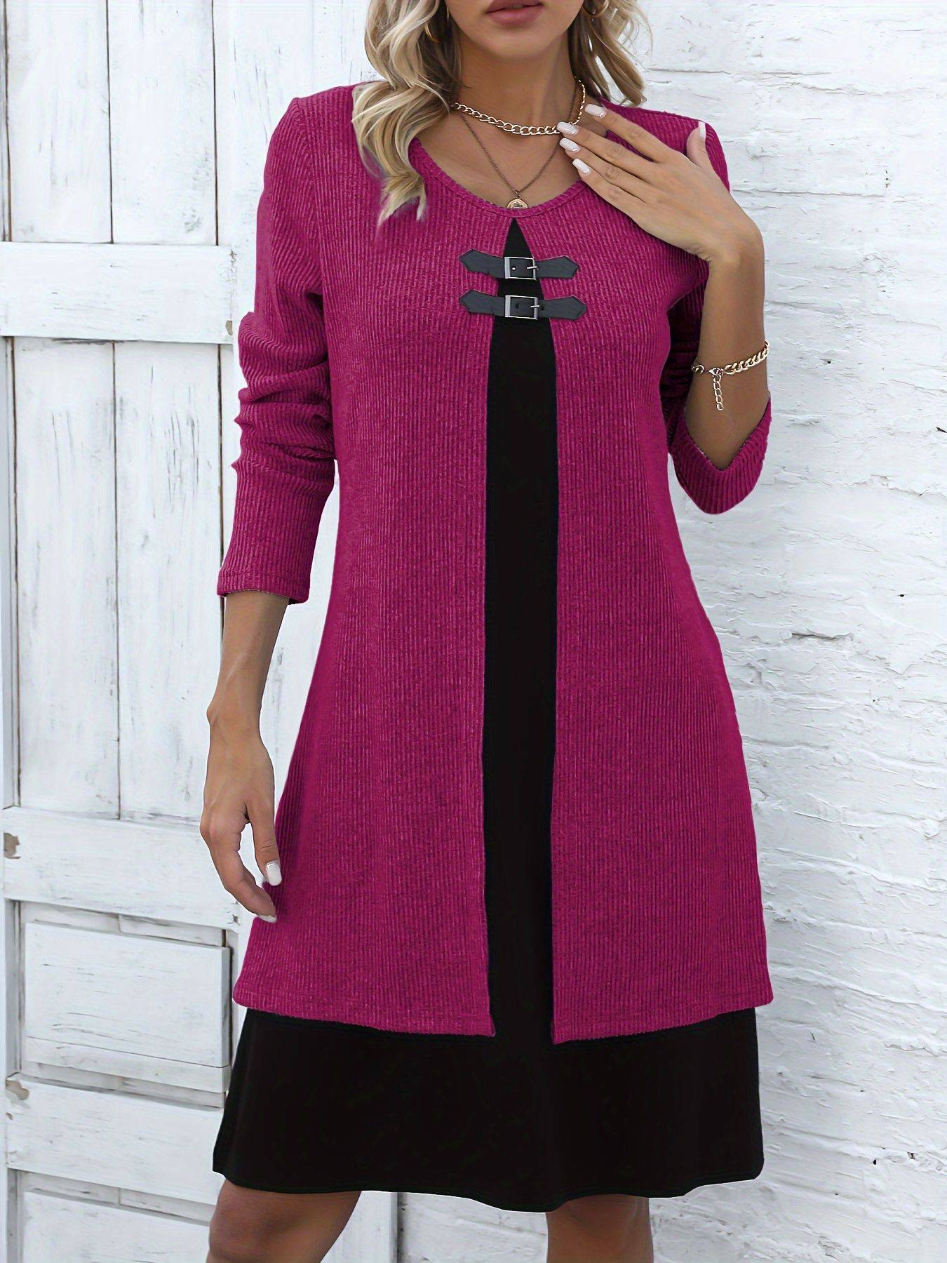 Contrast-color Sweater Dress With Buckle Design Fashion Round-neck Long-sleeved A-line Dresses Fall Wainter Women's Clothing - ALL-IN-ONE GENSTORE & SERVICES