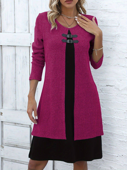 Contrast-color Sweater Dress With Buckle Design Fashion Round-neck Long-sleeved A-line Dresses Fall Wainter Women's Clothing - ALL-IN-ONE GENSTORE & SERVICES