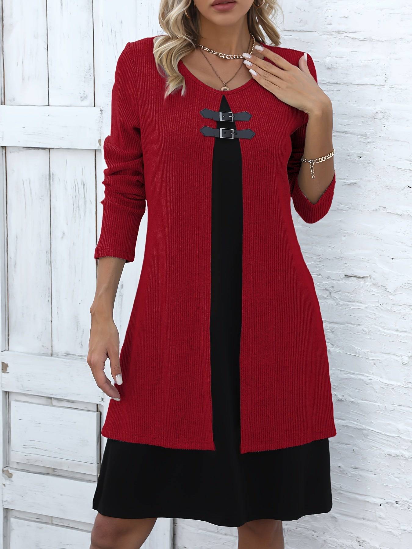 Contrast-color Sweater Dress With Buckle Design Fashion Round-neck Long-sleeved A-line Dresses Fall Wainter Women's Clothing - ALL-IN-ONE GENSTORE & SERVICES