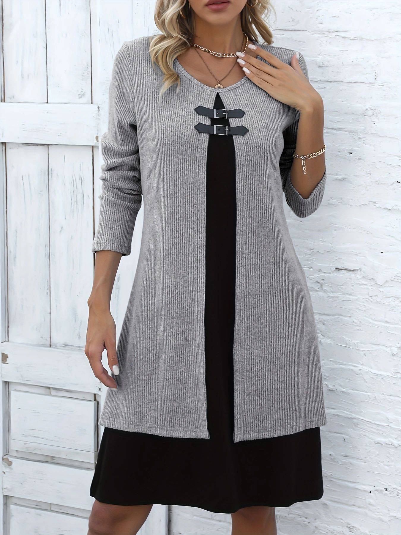 Contrast-color Sweater Dress With Buckle Design Fashion Round-neck Long-sleeved A-line Dresses Fall Wainter Women's Clothing - ALL-IN-ONE GENSTORE & SERVICES