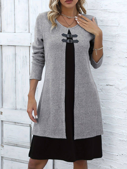 Contrast-color Sweater Dress With Buckle Design Fashion Round-neck Long-sleeved A-line Dresses Fall Wainter Women's Clothing - ALL-IN-ONE GENSTORE & SERVICES