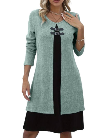 Contrast-color Sweater Dress With Buckle Design Fashion Round-neck Long-sleeved A-line Dresses Fall Wainter Women's Clothing - ALL-IN-ONE GENSTORE & SERVICES