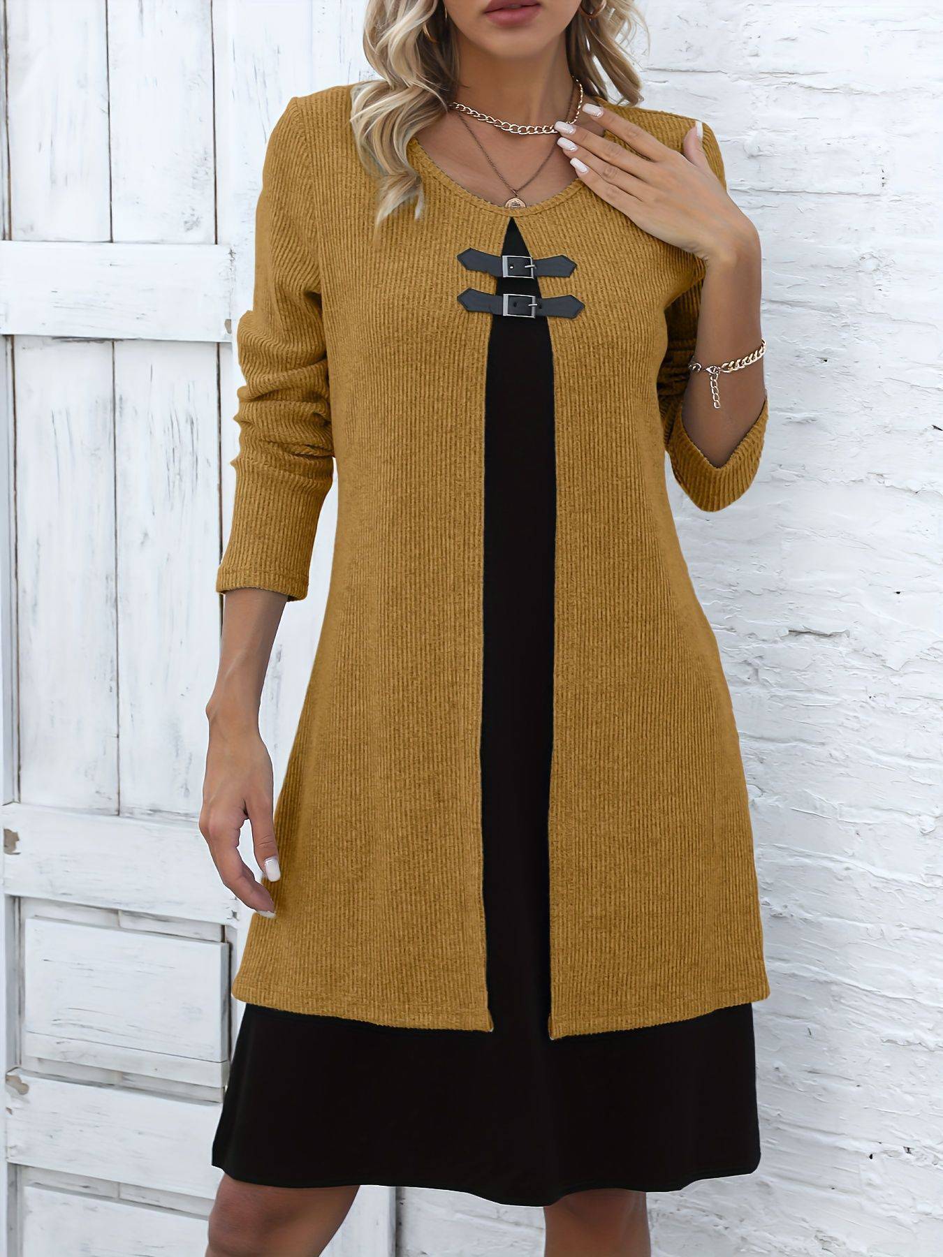 Contrast-color Sweater Dress With Buckle Design Fashion Round-neck Long-sleeved A-line Dresses Fall Wainter Women's Clothing - ALL-IN-ONE GENSTORE & SERVICES