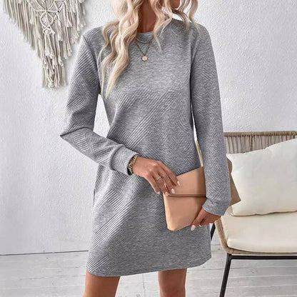 Fall Oblique Checkered Texture Dress Fashion Casual Solid Color Round Neck Long-sleeved Women's Clothing - ALL-IN-ONE GENSTORE & SERVICES