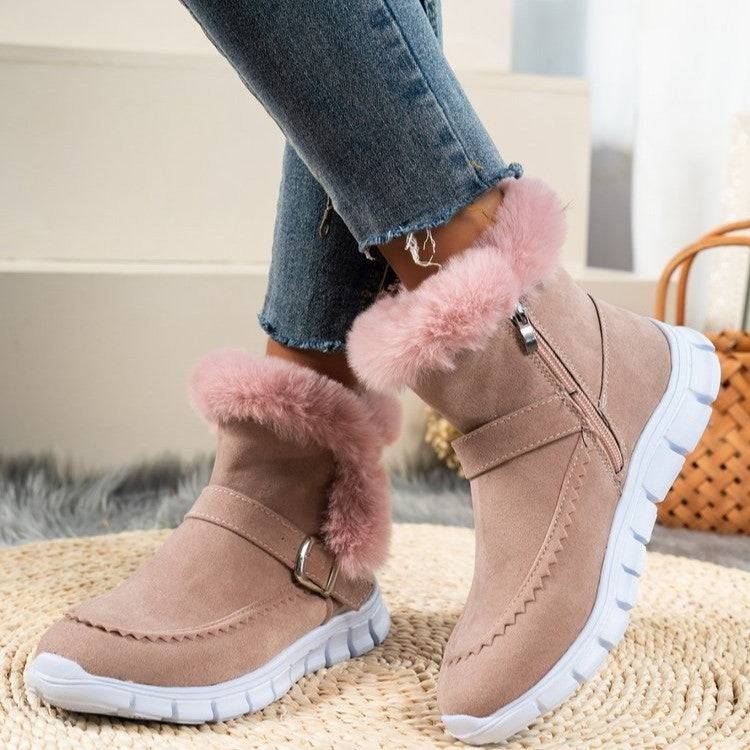 New Snow Boots Winter Warm Thickened Solid Color Plush Ankle Boots With Buckle Design Plus Velvet Flat Shoes For Women - ALL-IN-ONE GENSTORE & SERVICES