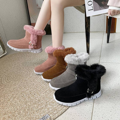 New Snow Boots Winter Warm Thickened Solid Color Plush Ankle Boots With Buckle Design Plus Velvet Flat Shoes For Women - ALL-IN-ONE GENSTORE & SERVICES