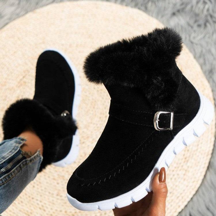New Snow Boots Winter Warm Thickened Solid Color Plush Ankle Boots With Buckle Design Plus Velvet Flat Shoes For Women - ALL-IN-ONE GENSTORE & SERVICES