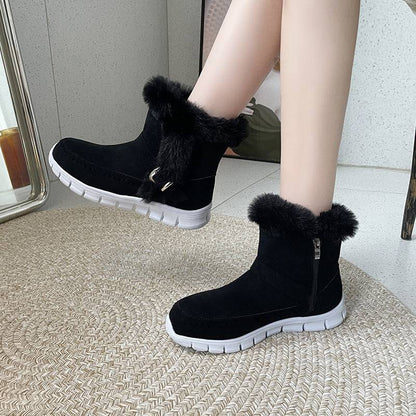 New Snow Boots Winter Warm Thickened Solid Color Plush Ankle Boots With Buckle Design Plus Velvet Flat Shoes For Women - ALL-IN-ONE GENSTORE & SERVICES