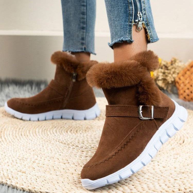 New Snow Boots Winter Warm Thickened Solid Color Plush Ankle Boots With Buckle Design Plus Velvet Flat Shoes For Women - ALL-IN-ONE GENSTORE & SERVICES