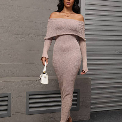 French-style One-shoulder Knitted Dress Fashion Party Beach Long-sleeved Long Dresses Fall Wainter Women's Clothing - ALL-IN-ONE GENSTORE & SERVICES