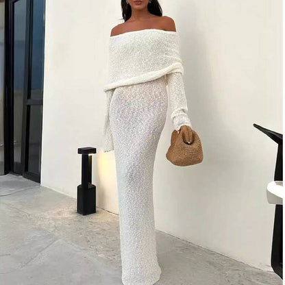 French-style One-shoulder Knitted Dress Fashion Party Beach Long-sleeved Long Dresses Fall Wainter Women's Clothing - ALL-IN-ONE GENSTORE & SERVICES