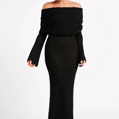 French-style One-shoulder Knitted Dress Fashion Party Beach Long-sleeved Long Dresses Fall Wainter Women's Clothing - ALL-IN-ONE GENSTORE & SERVICES