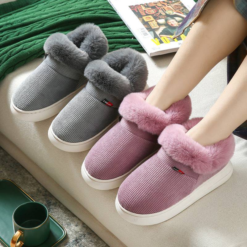 Chaussures d'hiver en coton pelucheux pour hommes et femmes, pantoufles de maison confortables en velours côtelé moelleux, chaussures de maison chaudes en polaire à enfiler