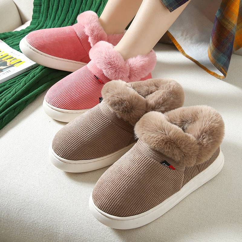 Chaussures d'hiver en coton pelucheux pour hommes et femmes, pantoufles de maison confortables en velours côtelé moelleux, chaussures de maison chaudes en polaire à enfiler