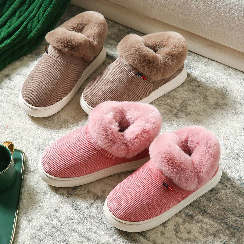 Chaussures d'hiver en coton pelucheux pour hommes et femmes, pantoufles de maison confortables en velours côtelé moelleux, chaussures de maison chaudes en polaire à enfiler