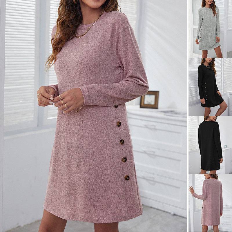 Long-sleeved Round-neck Straight Dress Fashion Casual Loose Solid Color Dress For Women Fall Spring Clothing - ALL-IN-ONE GENSTORE & SERVICES