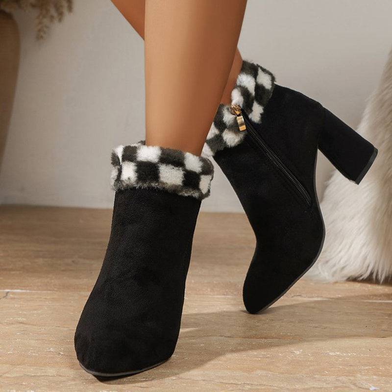 Nuevas botas de tobillo de felpa con estampado de cuadros, botas de ante de tacón cuadrado a la moda de invierno para mujer, zapatos casuales versátiles para otoño e invierno