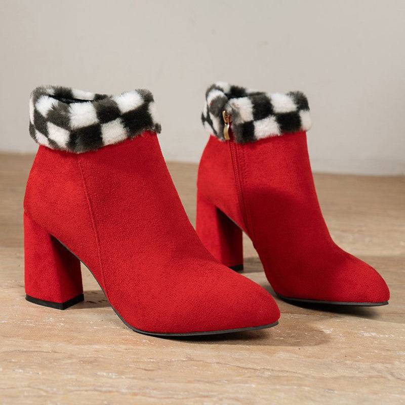 Nuevas botas de tobillo de felpa con estampado de cuadros, botas de ante de tacón cuadrado a la moda de invierno para mujer, zapatos casuales versátiles para otoño e invierno