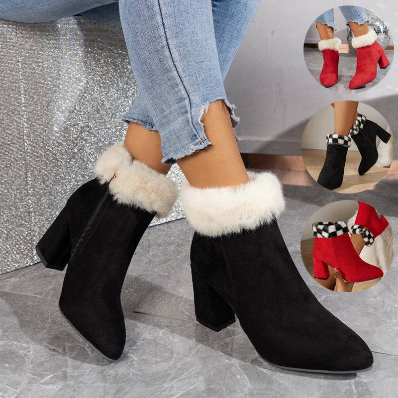 Nuevas botas de tobillo de felpa con estampado de cuadros, botas de ante de tacón cuadrado a la moda de invierno para mujer, zapatos casuales versátiles para otoño e invierno