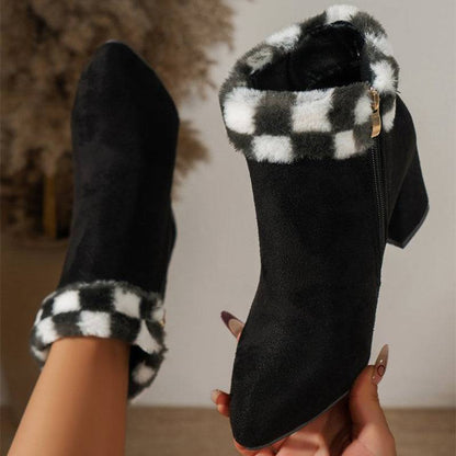 New Plaid Print Plush Ankle Boots Winter Fashoin Square Heel Suede Boots Women Casual Versatile Shoes Autumn And Winter - ALL-IN-ONE GENSTORE & SERVICES