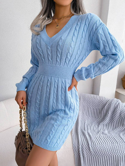 Solid Color V-Neck Long Sleeve Knit Dress Ins Fashion Slim Waisted Hip Dress Womens Clothing - ALL-IN-ONE GENSTORE & SERVICES