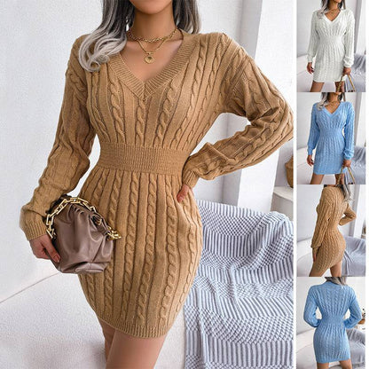 Solid Color V-Neck Long Sleeve Knit Dress Ins Fashion Slim Waisted Hip Dress Womens Clothing - ALL-IN-ONE GENSTORE & SERVICES