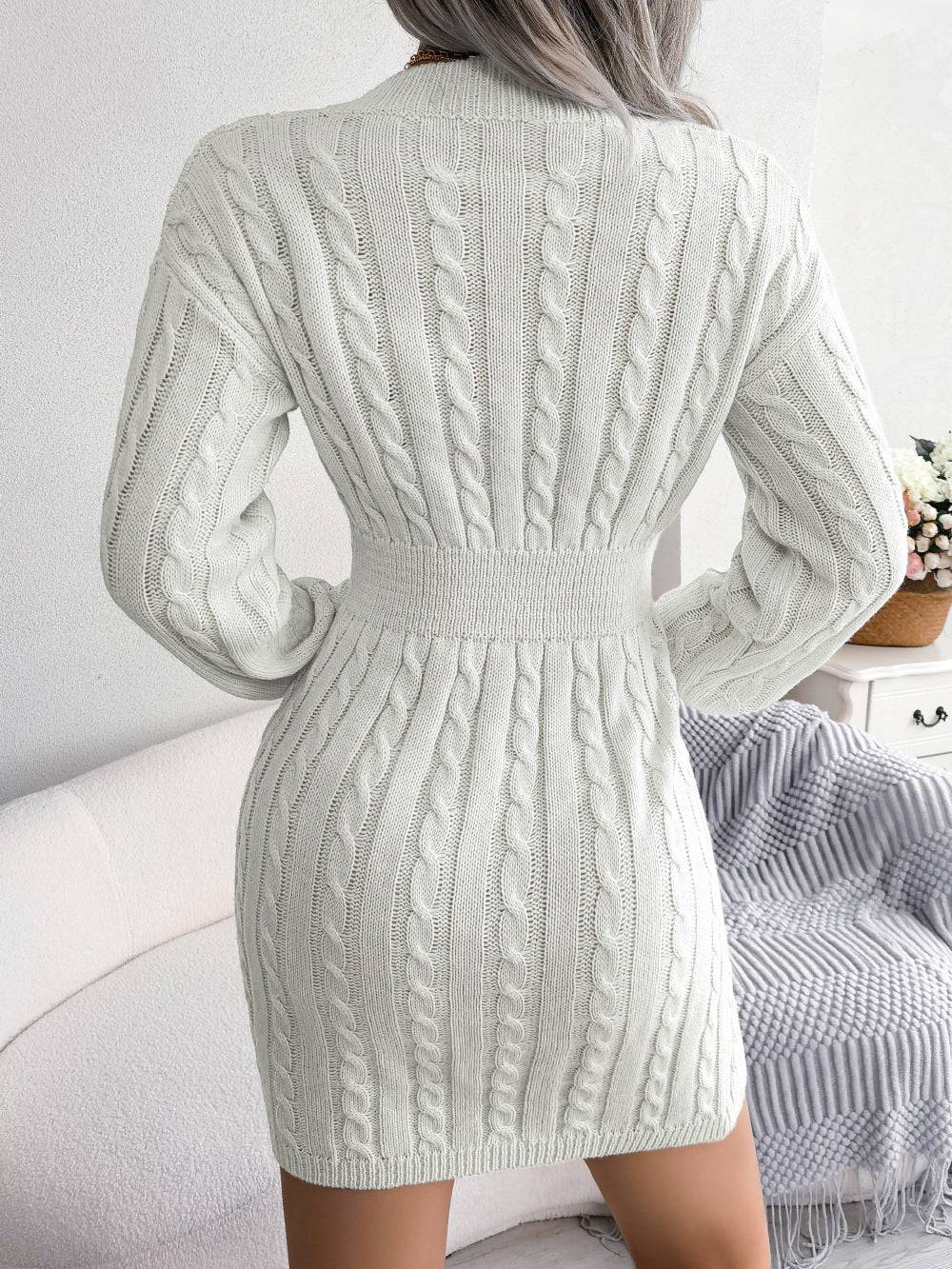 Solid Color V-Neck Long Sleeve Knit Dress Ins Fashion Slim Waisted Hip Dress Womens Clothing