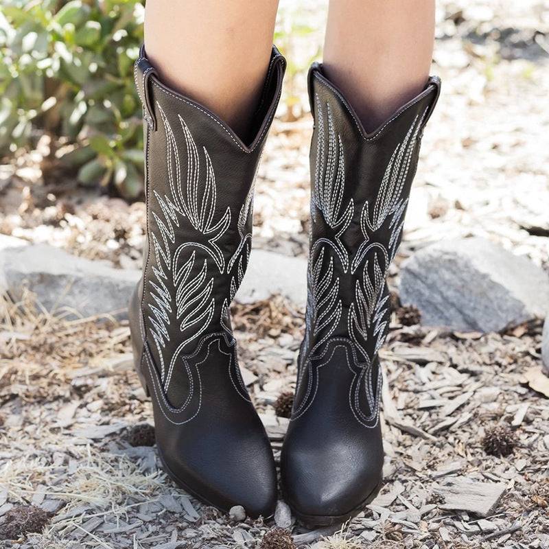 Black Western Cowboy Boots Pointed Toe Shoes Women