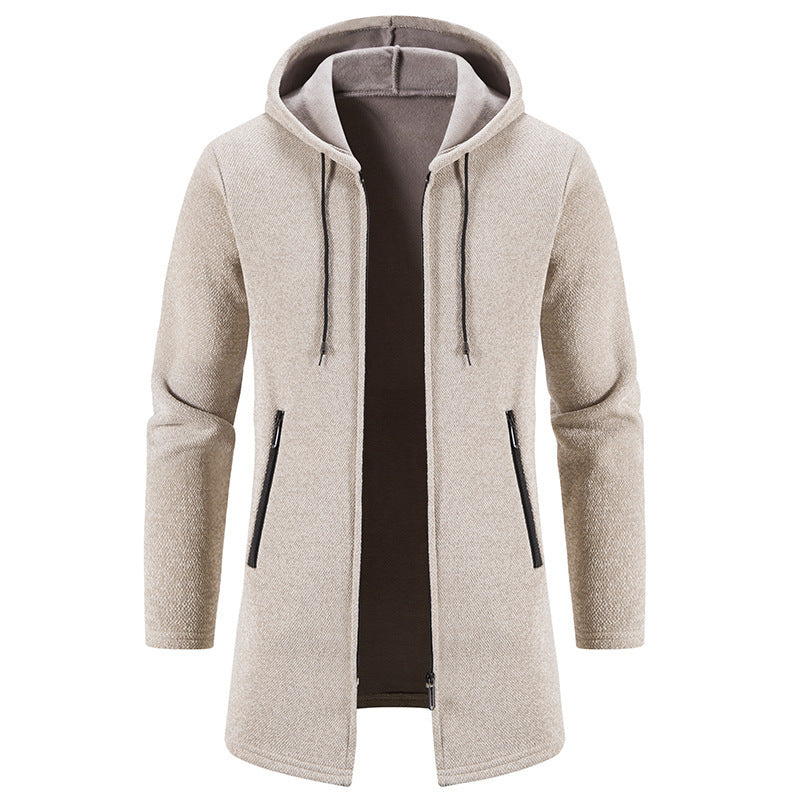 Autumn And Winter Fleece-lined Thickening Trendy Solid Color Men's Cardigan Mid-length Hooded Jacket - ALL-IN-ONE GENSTORE & SERVICES