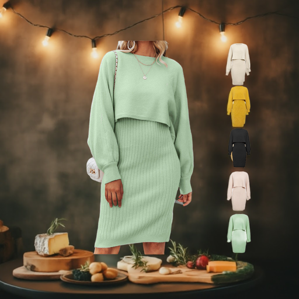 2pcs Knitted Dress Suit Fashion Solid Color Pullover Lantern-sleeved Sweater Fall Winter Women's Clothing - ALL-IN-ONE GENSTORE & SERVICES